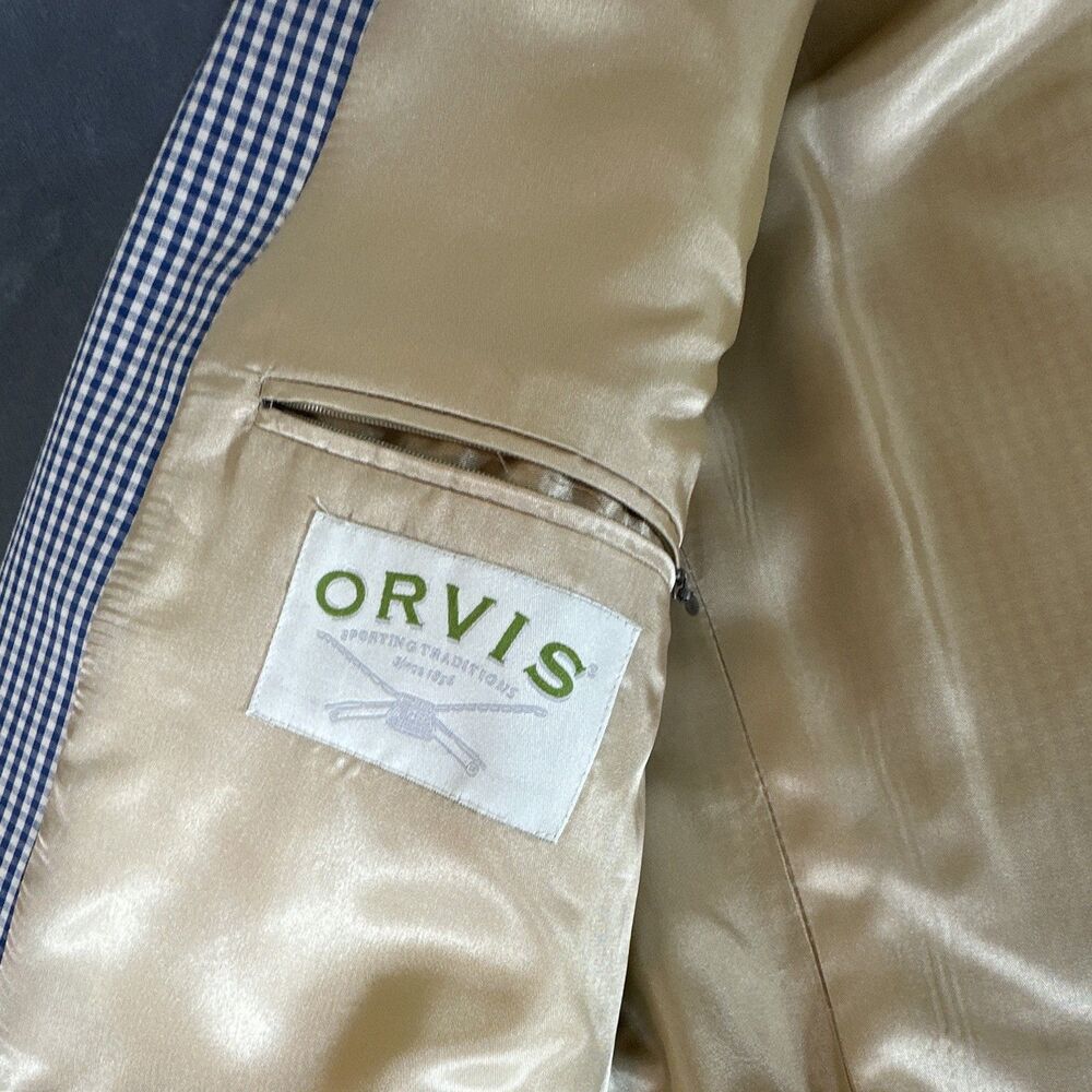 Orvis Blue/White Gingham Check Sport Coat 3 Button Blazer Lapel 42R Traditional